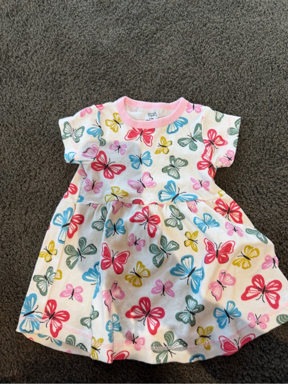 Girls Short Sleeve Butterfly Print Dress - White with Pink Trim- 0-6 months